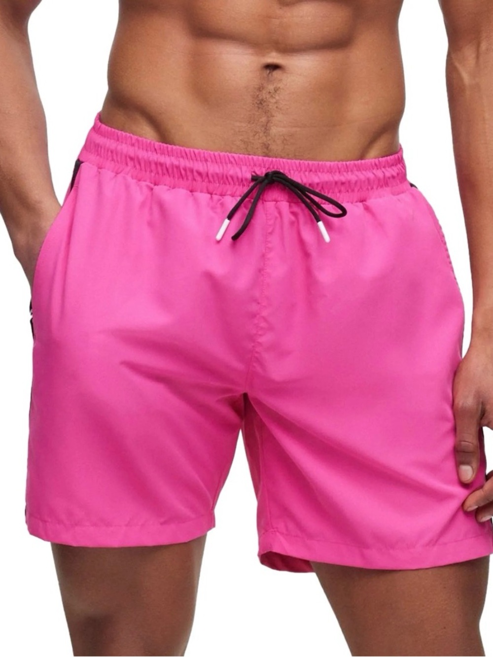 BOSS Mens Hot Pink Swim Trunks with Black Logo Tape Size S